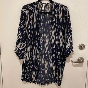 Navy Print Shawl with Pom Poms